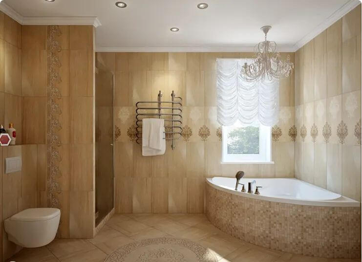 Bồn tắm tam giác với thiết kế vàng đồng phù hợp với không gian có phong cách tân cổ