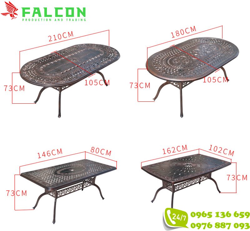Một số kích thước bàn  lớn cho bộ 4 ghế, 6 ghế
