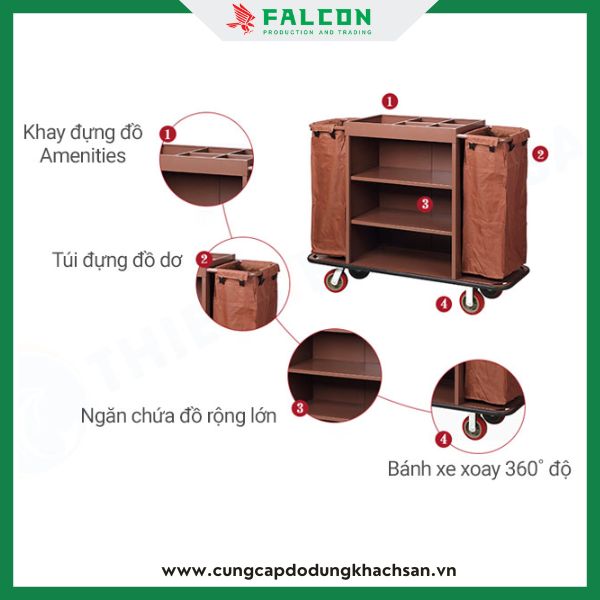 Xe đẩy bọn buồng phòng 4 ngăn sắp xếp đồ đặc tiện lợi