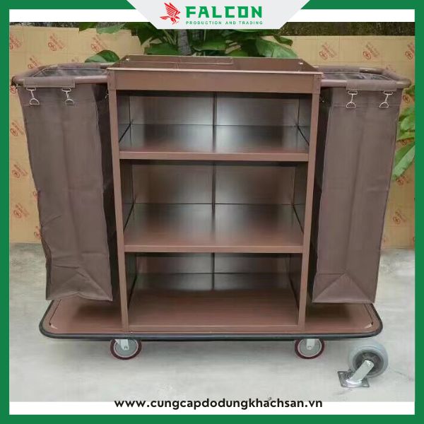 Xe dọn phòng khách sạn 2 túi chất lượng cao cấp, 4 bánh xe linh hoạt